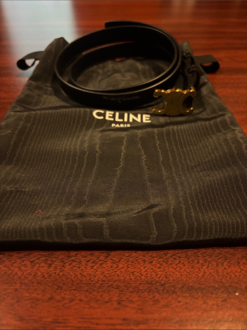 Celine Black Leather Belt with Gold Triomphe Accent- Authentic
